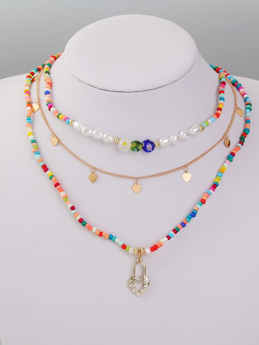 3 piezas Collar de color combinado con cuenta con accesorio de corazón - Multicolor - Ver 1