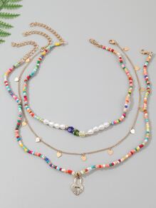3 piezas Collar de color combinado con cuenta con accesorio de corazón - Multicolor - Ver 2