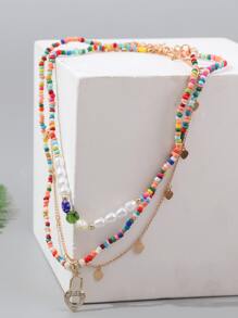 3 piezas Collar de color combinado con cuenta con accesorio de corazón - Multicolor - Ver 3
