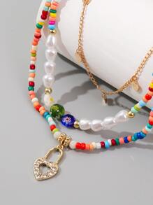 3 piezas Collar de color combinado con cuenta con accesorio de corazón - Multicolor - Ver 4