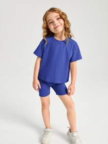 SHEIN Toddler Girls Cotton Drop Shoulder Top & Cycling Shorts Set - Blue - View 3