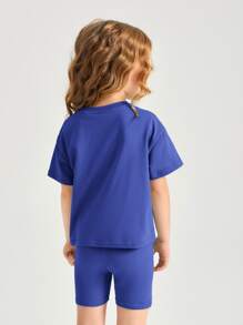 SHEIN Toddler Girls Cotton Drop Shoulder Top & Cycling Shorts Set - Blue - View 2