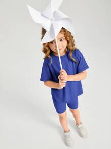 SHEIN Toddler Girls Cotton Drop Shoulder Top & Cycling Shorts Set - Blue - View 1