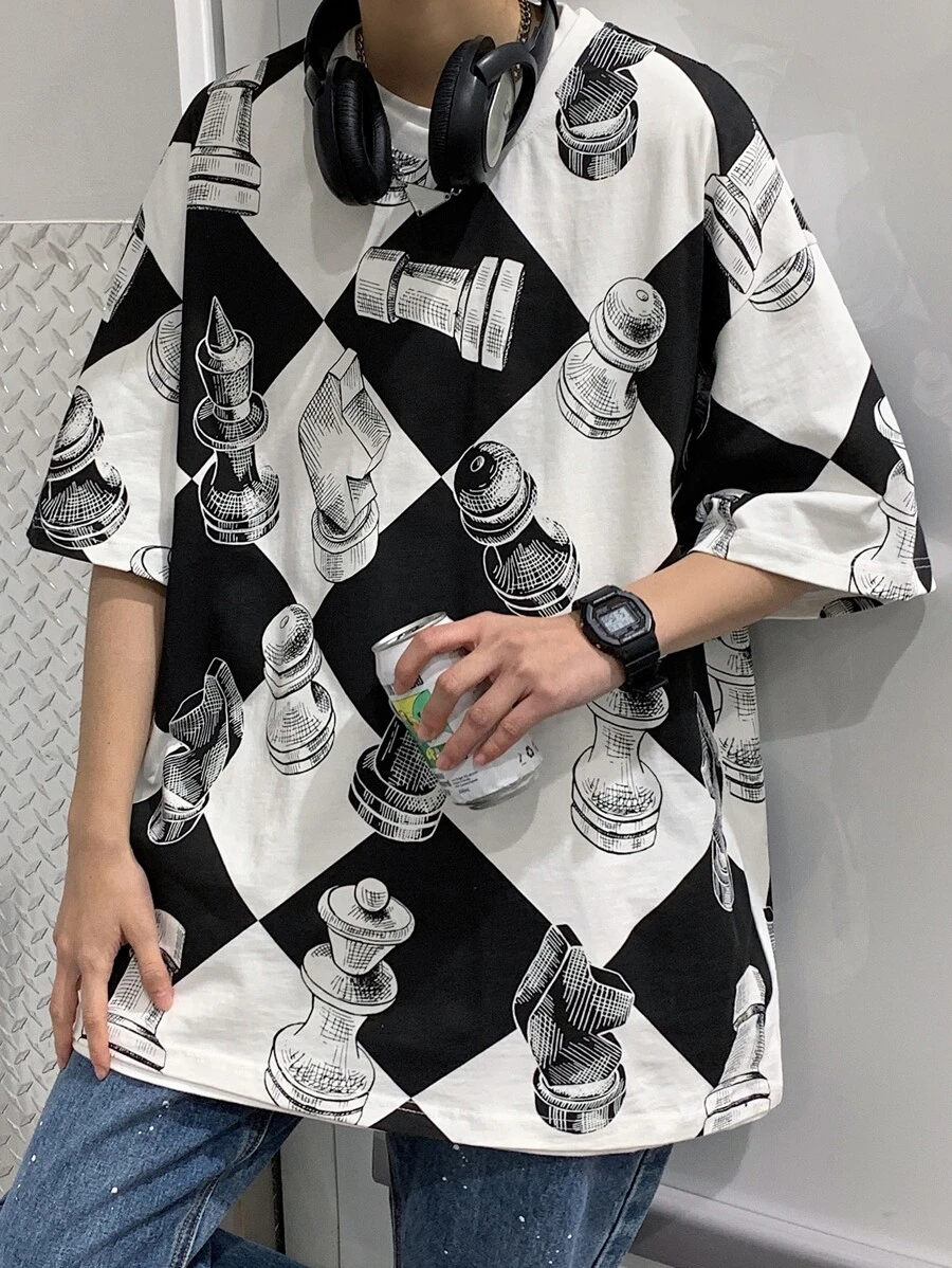 Tops Nam Đồ họa Sọc ca rô Đường phố - Đen và trắng - Xem 1