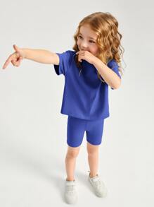 SHEIN Toddler Girls Cotton Drop Shoulder Top & Cycling Shorts Set - Blue - View 4