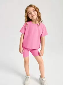 Young Girl Cotton Drop Shoulder Top & Biker Shorts Set