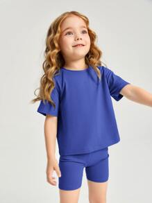 SHEIN Toddler Girls Cotton Drop Shoulder Top & Cycling Shorts Set - Blue - View 5