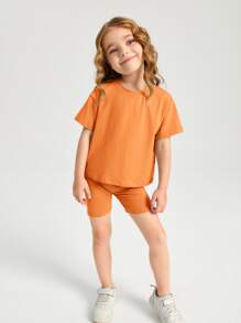 SHEIN Toddler Girls Cotton Drop Shoulder Top & Cycling Shorts Set - Orange - View 3
