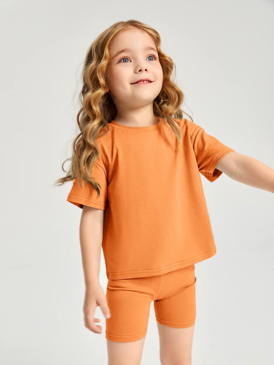SHEIN Toddler Girls Cotton Drop Shoulder Top & Cycling Shorts Set - Orange - View 1