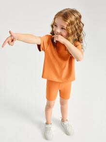 SHEIN Toddler Girls Cotton Drop Shoulder Top & Cycling Shorts Set - Orange - View 5