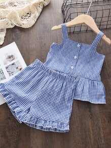 Niñitas Shorts con top de tirantes de guingán bajo con fruncido - Azul y blanco - Ver 1