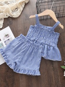 Niñitas Shorts con top de tirantes de guingán bajo con fruncido - Azul y blanco - Ver 2
