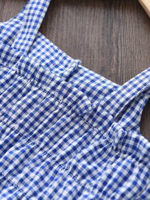 Niñitas Shorts con top de tirantes de guingán bajo con fruncido - Azul y blanco - Ver 3