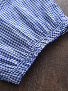 Niñitas Shorts con top de tirantes de guingán bajo con fruncido - Azul y blanco - Ver 5