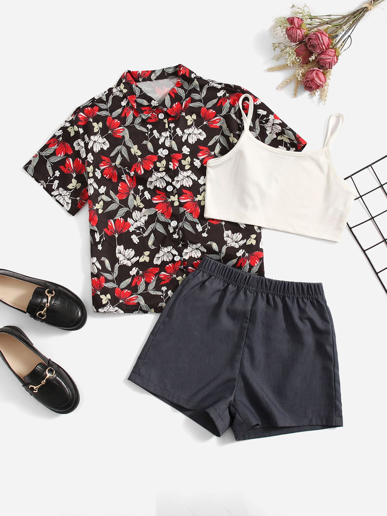 Girls Solid Cami Top & Floral Print Blouse & Shorts - Multicolor - View 1