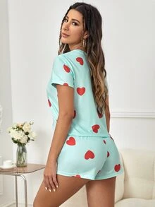 Conjunto de pijama shorts con camiseta con estampado de corazón - Azul menta - Ver 2