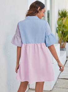 Đầm Viên lá sen Nút phía trước Khối Màu Sọc Giải trí - Nhiều màu - Xem 2