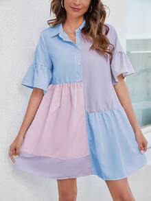 Đầm Viên lá sen Nút phía trước Khối Màu Sọc Giải trí - Nhiều màu - Xem 6