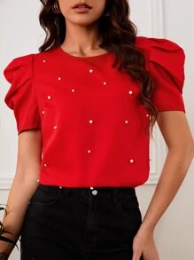SHEIN Clasi Top unicolor de manga farol con cuenta de perla - Rojo - Ver 1