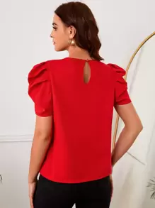 SHEIN Clasi Top unicolor de manga farol con cuenta de perla - Rojo - Ver 2