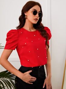 SHEIN Clasi Top unicolor de manga farol con cuenta de perla - Rojo - Ver 4