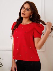 SHEIN Clasi Top unicolor de manga farol con cuenta de perla - Rojo - Ver 5
