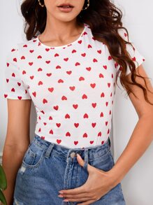 SHEIN Clasi 愛心圖案修身T恤 - 白色 - 查看 1