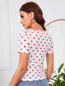 SHEIN Clasi 愛心圖案修身T恤 - 白色 - 查看 2