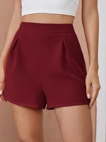 SHEIN Essnce Quần đùi nữ Dây kéo màu trơn Giải trí - Màu Đỏ Sâu - Xem 1