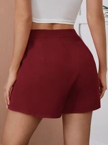 SHEIN Essnce Quần đùi nữ Dây kéo màu trơn Giải trí - Màu Đỏ Sâu - Xem 2