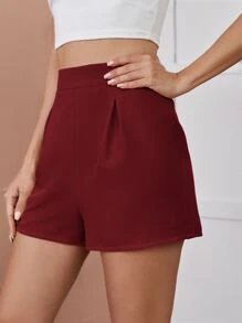 SHEIN Essnce Quần đùi nữ Dây kéo màu trơn Giải trí - Màu Đỏ Sâu - Xem 3