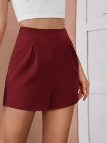 SHEIN Essnce Quần đùi nữ Dây kéo màu trơn Giải trí - Màu Đỏ Sâu - Xem 4