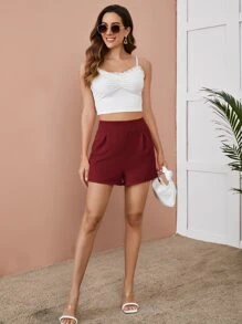 SHEIN Essnce Quần đùi nữ Dây kéo màu trơn Giải trí - Màu Đỏ Sâu - Xem 5