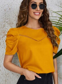 SHEIN Clasi Solid Eyelet Lace Puff Sleeve Top - Mustard Yellow - View 1