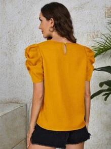 SHEIN Clasi Solid Eyelet Lace Puff Sleeve Top - Mustard Yellow - View 2