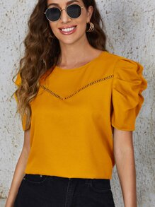SHEIN Clasi Solid Eyelet Lace Puff Sleeve Top - Mustard Yellow - View 4