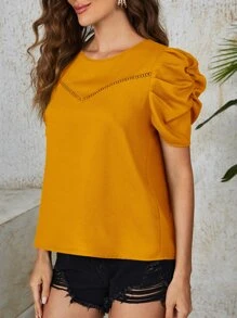 SHEIN Clasi Solid Eyelet Lace Puff Sleeve Top - Mustard Yellow - View 5