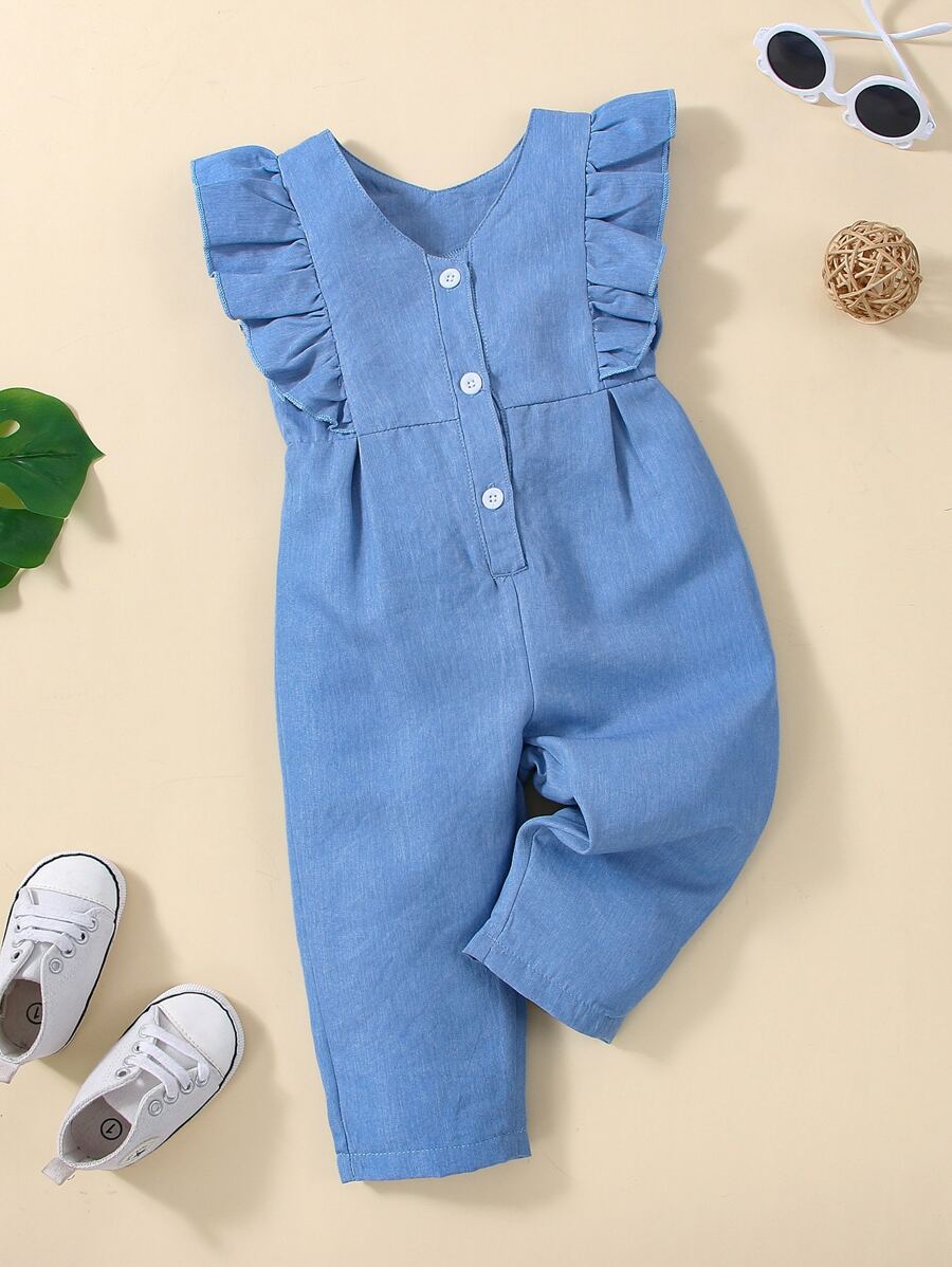 Áo liền quần Em bé Xù Nút phía trước màu trơn Dễ thương - Màu xanh lam - Xem 1