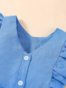 Áo liền quần Em bé Xù Nút phía trước màu trơn Dễ thương - Màu xanh lam - Xem 4