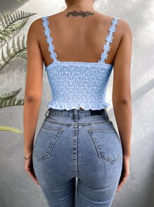 Lace Trim Eyelet Embroidery Crop Cami Top - Baby Blue - View 2