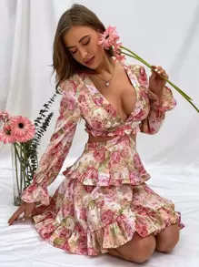 Aveloria Floral Print Plunging Neck Tie Back Flounce Sleeve Chiffon Dress