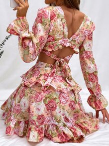 Aveloria Floral Print Plunging Neck Tie Back Flounce Sleeve Chiffon Dress