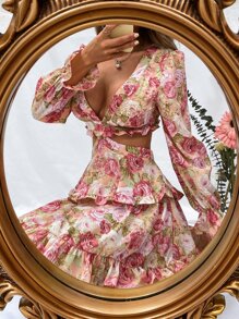 Aveloria Floral Print Plunging Neck Tie Back Flounce Sleeve Chiffon Dress