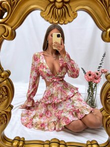 Aveloria Floral Print Plunging Neck Tie Back Flounce Sleeve Chiffon Dress