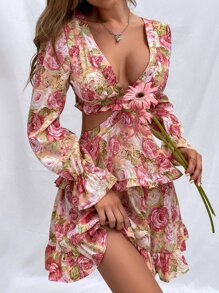 Aveloria Floral Print Plunging Neck Tie Back Flounce Sleeve Chiffon Dress