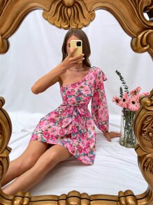 GENKIRA Đầm Bất đối xứng Xù Thắt nơ trước Hoa Tất cả trên in Boho - Nhiều màu - Xem 5