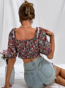 Aveloria Top floral con cordón delantero de manga farol ribete con fruncido