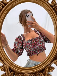 Aveloria Top floral con cordón delantero de manga farol ribete con fruncido