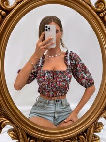 Aveloria Top floral con cordón delantero de manga farol ribete con fruncido