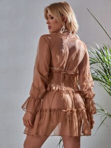 SHEIN Swim Summer Beach Shirred Button Front Kimono - Mocha Brown - View 2